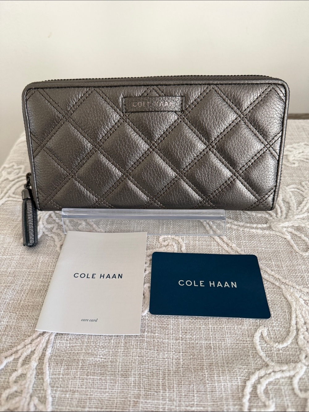 Cole Haan Quilted Metallic Grey Pewter Zip Around Wallet with Tassel Pull
